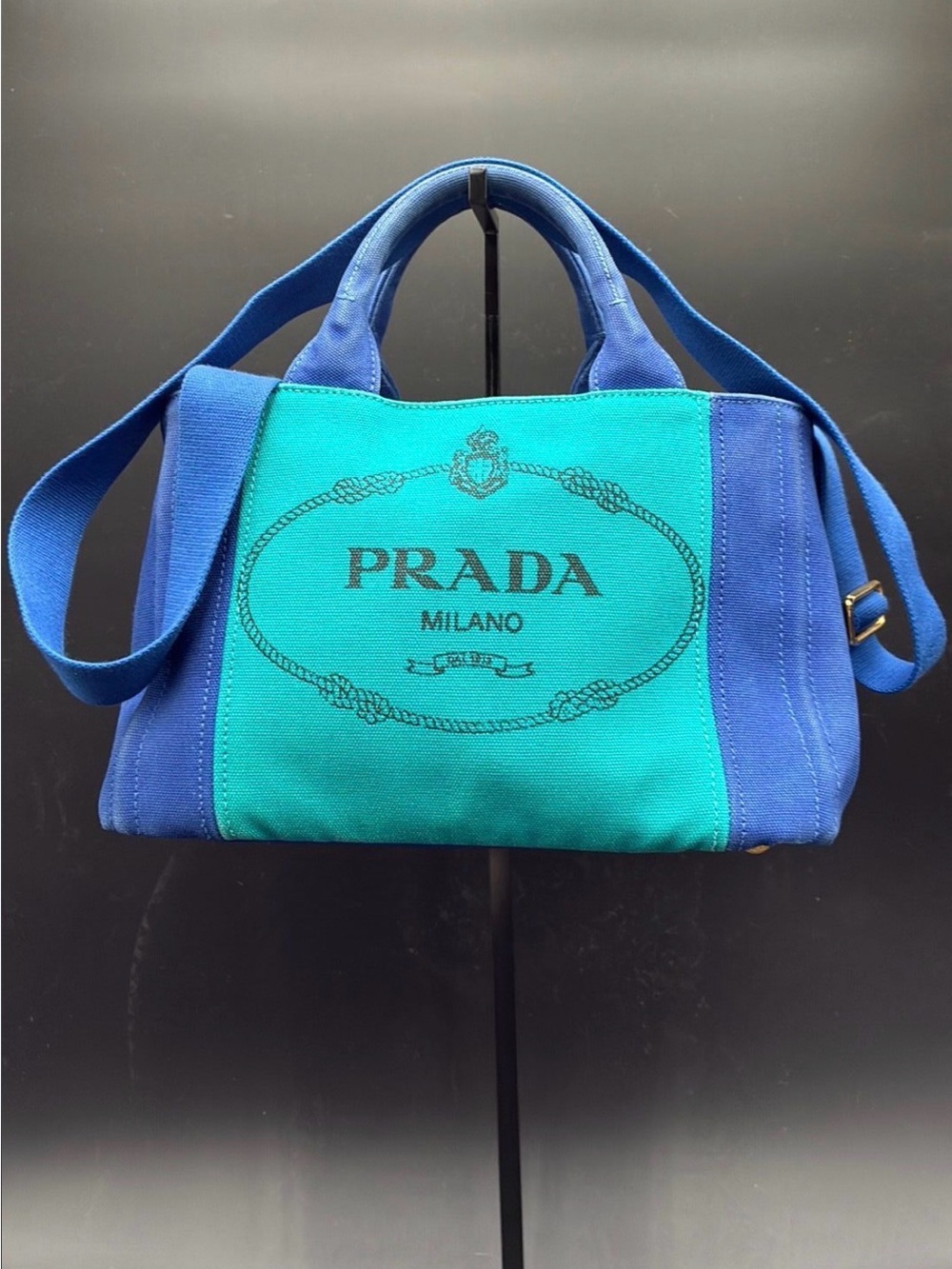 Prada Canapa Tote Canvas Blue & Turquoise Bi-Color